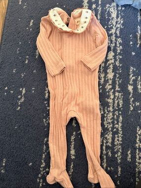 Ribbed Baby Footed One-Piece in Dusty Rose with Embroidered Collar